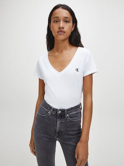 Calvin Klein Ruhák HU256545 | Calvin Klein Slim Organic Cotton V-Neck Női Póló Világos Fehér